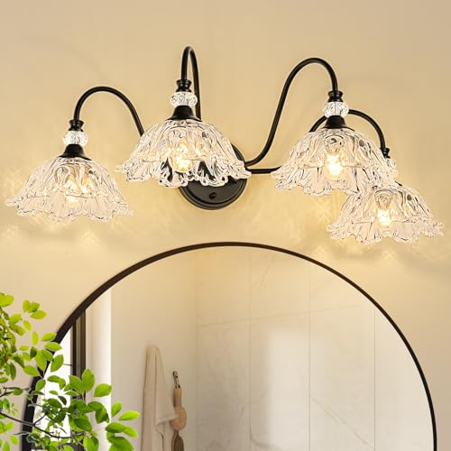 Image of 4-Light Matte Black Bathroom Vanity Light, Farmhouse Vanity Light with Floral Clear Glass Shades, Vintage Wall Mount Lighting for Bathroom