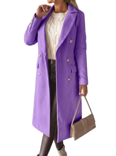 Image of IDEALSANXUN Wool Coats for Women Trench Pea Coat 2026 Fall Fashion Outfits Double Breasted Blazer Warm Dress Long Ladies Coat Jacket, Purple, L