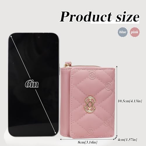 Women’s Small Wallets, Soft PU Leather Trifold Compact Wallet, Cute Card Holder Purse with Zip Pocket and Strap (Pink)2
