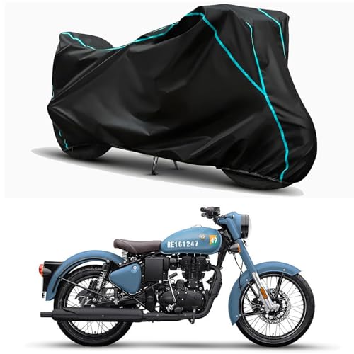 Image of Waterproof Bike Body Cover Compatible for | Royal Enfie Classic 350 | Taffeta Fabric, Sky Piping Design, Bottom Elastic Fit | Dustproof, Sun UV & Rain Protection for All Weather.