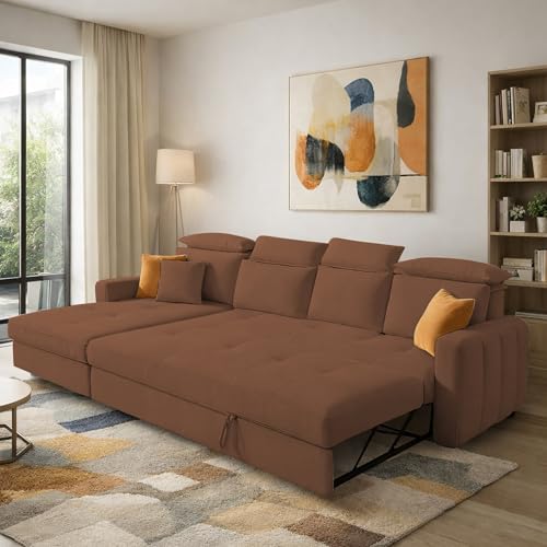 Image of Casaliving Gagnon LHS 6 Seater L Shape Corner Sofa Cum Bed for Living Room (Brown Fabric) Premium Fabric Sofa