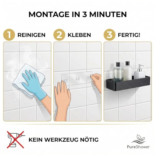 PureShower Badregal ohne Bohren, 2-teiliges Duschregal aus rostfreiem Metall, matt schwarz, selbstklebende Wandbefestigung mit 4 Haken, stabile Aufbewahrung für Bad und Küche (bis zu 6 kg)
