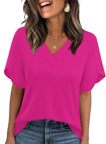 Image of WIHOLL Womens Summer Tops Short Petal Sleeve Shirts Fashion V Neck Womens Clothing
