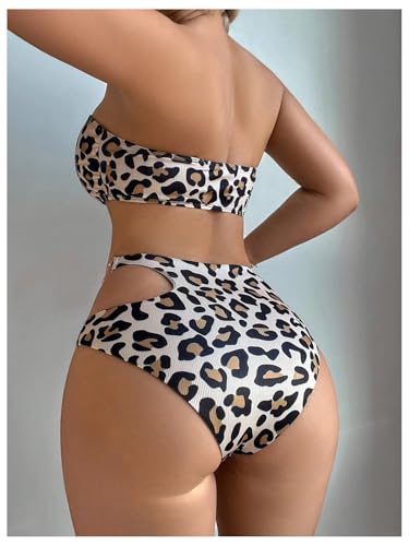 SweatyRocks Women's Leopard Print Bandeau Bikini Cut Out Strapless High Waisted 2 Piece Bathing Suit2
