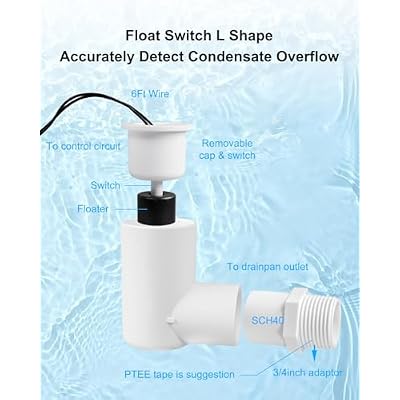 Float Switch L Shape Compatible with Safe-T-Switch, AC Float Switch for HVAC Drain Pan Condensate Outlet, AC Water Level Switch with 3/4 Inch Adapter 6Ft Wire and Tape, 4 Pack