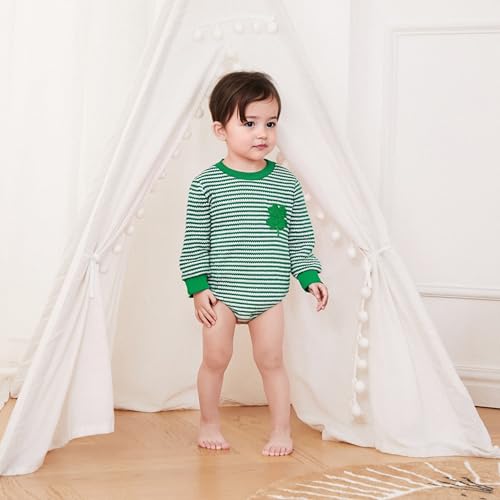 VISGOGO Baby Sweatshirt Romper Striped Heart/Clover Waffle St.Patrick Day Long Sleeve Irish Onesie Jumpsuits2