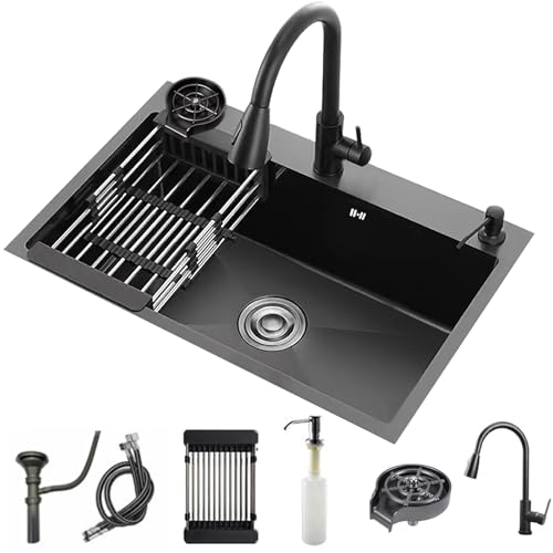 YINXSLO Black Kitchen Sink with Faucet, Top Mount/Drop-In 3 Hole Single Bowl Stainless Steel Sink with Cup Washer, Soap Dispenser, Drainage kit for Bar, Kitchen, Balcony (19.7 * 17.7in)