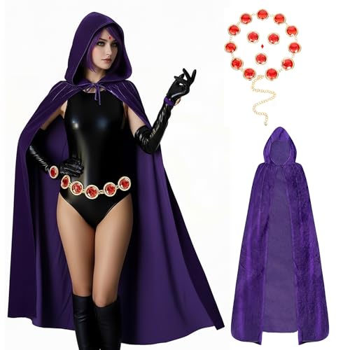 TUVWYSZ Purple Velvet Hooded Cape with Red Crystal Jewel Accessories Costume Cloak Set for Cosplay