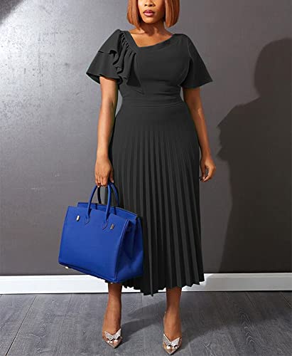 AOMEI Women's Short Sleeve Asymmetrical Ruffles High Waist Pleated Hem Midi Spring Dress2