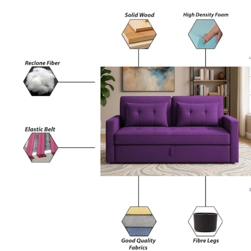 Image of Emilio 2-Seater Sofa Cum Bed for Living Room, Office & Home | Premium Fabric Pull-Out Sofa Set with 1 Year Warranty | Space Saving Convertible Sleeper Sofa for Guests & Daily Use | Purple