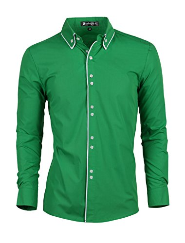uxcell Men's Slim Fit Point Collar Contrast Trim Long Sleeves Button Down Dress Shirt Bright Green L US 44