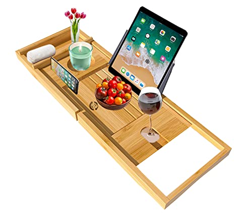 MantraRaj Bamboo Bath Caddy Bath Tray with Extending Sides Built in Book Tablet iPad Holder Cellphone Soap Tray & Wineglass Holder Bath Bridge Wood Bathtub Rack Bath Shelf Board Spa Organizer