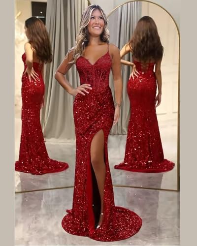 Sukleet Sequins Lace Prom Dresses for Women 2025 Corset Mermaid Long Slit Formal Evening Gowns2