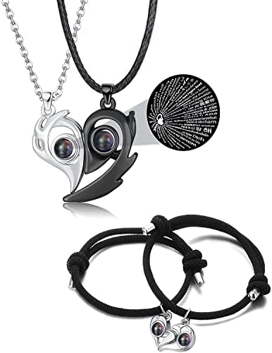ADRAMATA Couple Bracelets and Necklaces Sets for Him and Her Sun Moon Heart Magnetic Relationship Bracelets Necklaces for Boyfriend Girlfriend Men Women
