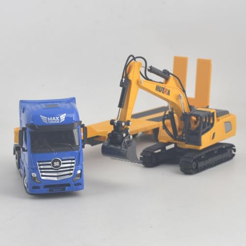 Image of Flattrailer Heavy Duty Semi Trailer Tractor Truck w / Excavator - Metal Construction Vehicle Toy for Kids