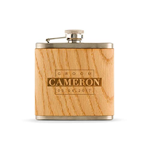 Weddingstar Personalized Custom Engraved 6oz Oak Wood Wrapped Hip Flask Stainless Steel Wedding Gift - Groom Monogram Print