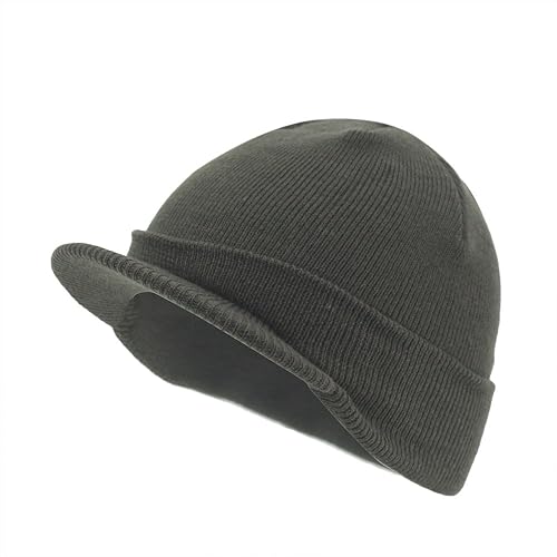 The Vintage Year Plain Sports Visor Billed Knit Radar Cuff Beanie (Olive Green)