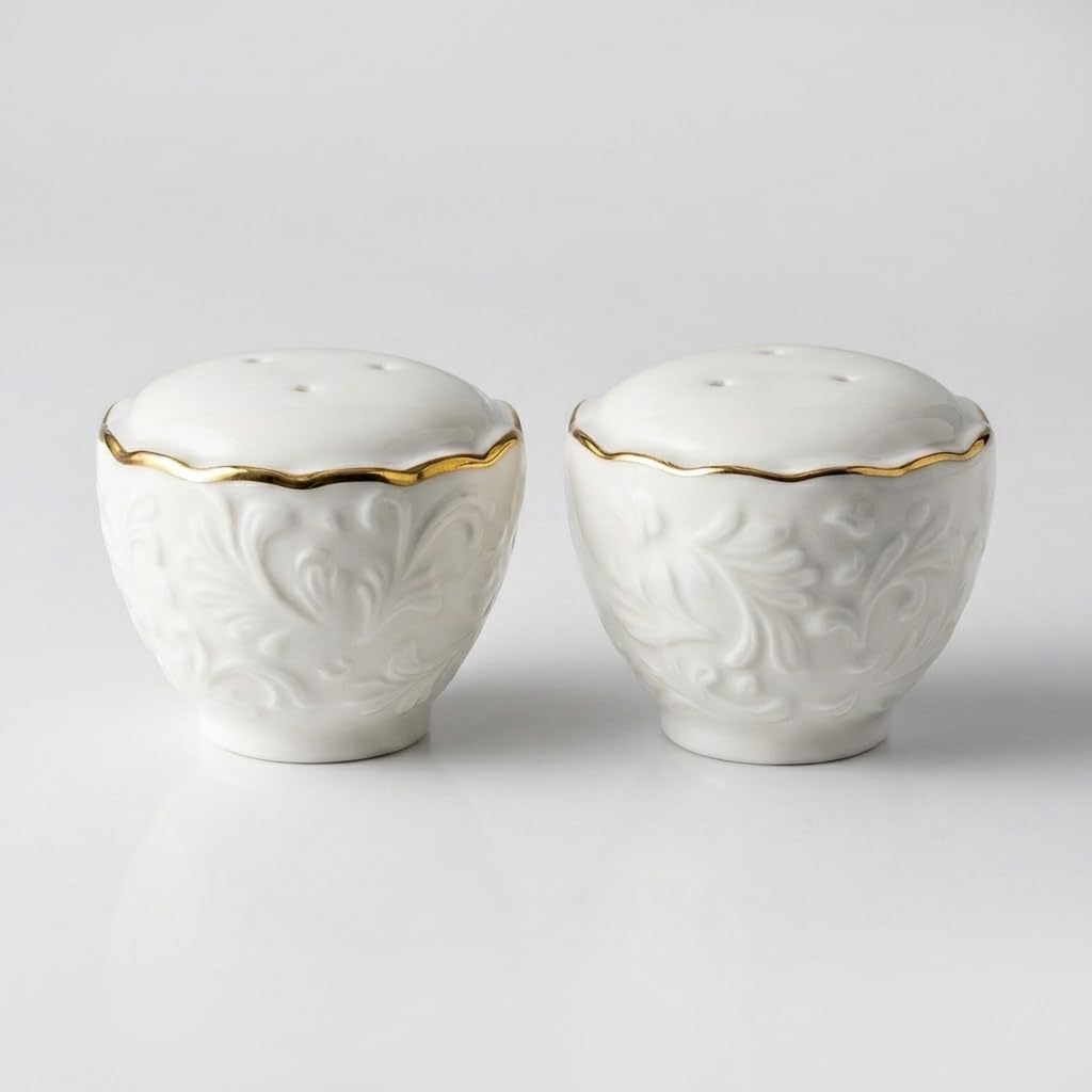 Embossed Porcelain Salt and Pepper Shaker Set with Gold Leaf Rim, Cream White, 2-Piece, 1.97 x 2.76 Inches