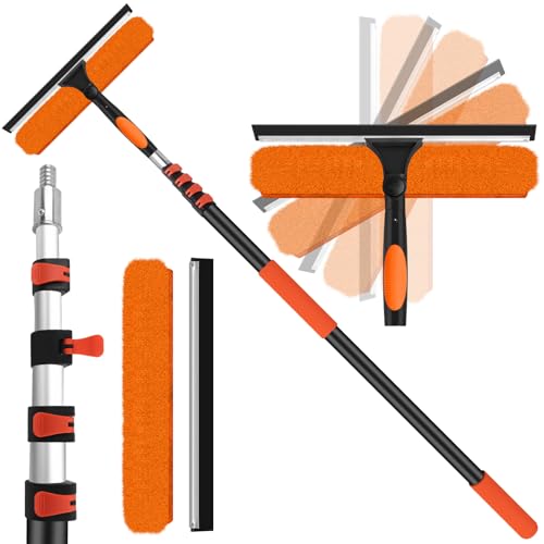 Image of 14 inch Window Squeegee with Extension Pole,26FT Reach High Window Washers for High Outside Windows,Professional Window Cleaning Tool Kit Include Replacement,180Rotatable Squeegee for Indoor /Outdoor