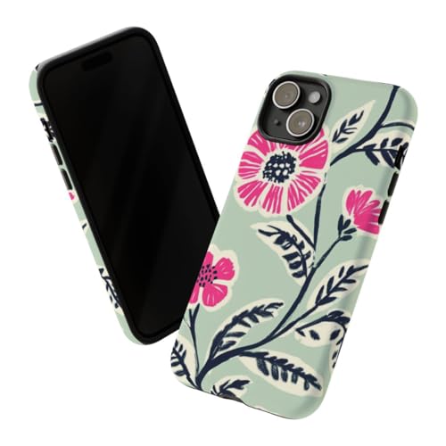 Coque iPhone 15 Plus rigide anti-trace motif fleurs rose menthe