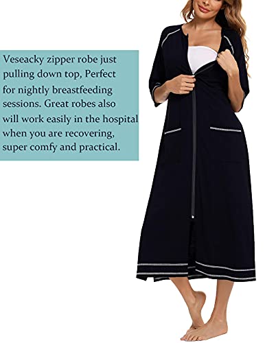 Image of Veseacky Women Robe Zipper Front House Coat 3 /4 Sleeve Nightgown Full Length Ladies Lounge Dress with Pockets S-XXL