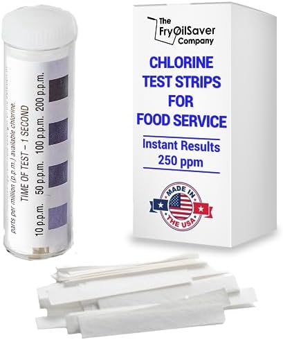 Chlorine Test Strips for Restaurants and Food Services, 1 x Vial of 100 Sanitizer Test Strips for Kitchens, 0-200 ppm Testing Kit for Sanitizing Solution, Precise Bleach Testing Kit by FryOilSaver Co.
