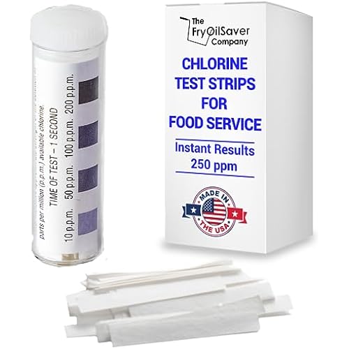 Chlorine Test Strips for Restaurants and Food Services, 1 x Vial of 100 Sanitizer Test Strips for Kitchens, 0-200 ppm Testing Kit for Sanitizing Solution, Precise Bleach Testing Kit by FryOilSaver Co.