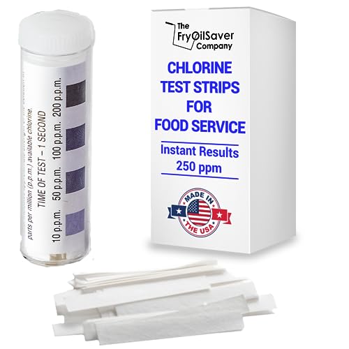 Chlorine Test Strips for Restaurants and Food Services, 1 x Vial of 100 Sanitizer Test Strips for Kitchens, 0-200 ppm Testing Kit for Sanitizing Solution, Precise Bleach Testing Kit by FryOilSaver Co.