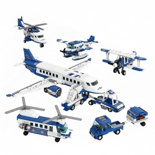 Image of SKY LINE OCEAN 4-in-1 Airplane Building Block Set, 936+ PCS Multi-Model Aircraft Kit with Passenger Plane, Cargo Plane & Airport Vehicles, STEM Construction Toy | 5 Year Structural Warranty