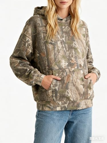 Image of Dsewpaur Camo Hoodie For Women Oversized Long Sleeve Drop Shoulder Fleece Hooded Sweatshirt Pullover With Pocket Outfits
