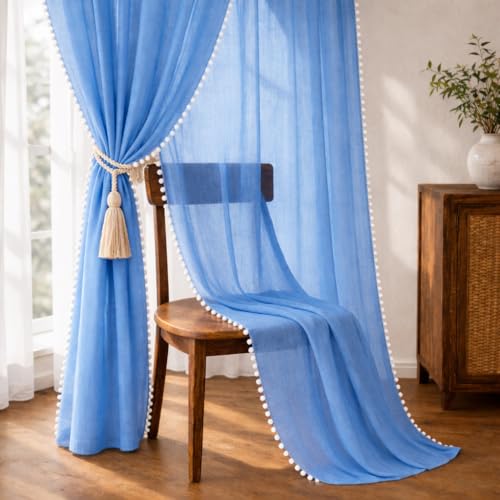 Image of THE Linen Company Cotton Linen Curtain Panel, Carolina Blue, 4 Feet | Solid, Rod Pocket, Light Filtering Fabric, Elegant Home Decor