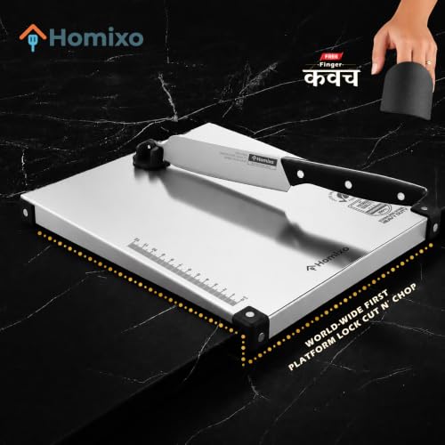 Image of HOMIXO Prima Cut & Chop Stainless Steel Chopping Board with Knife | Food Grade Steel Cutting Board | Heavy Duty Kitchen Cut and Chop Board with Rotary Knife Lock | Rust Proof Chopping Board