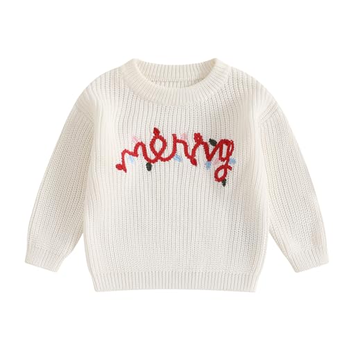Toddler Girl Merry Print Christmas Sweaters Long Sleeve Letter Embroidery Knit Pullovers Kid Jumper Tops