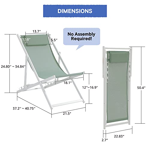 Soleil Jardin Outdoor Folding Sling Chair Set Of 2 Aluminum Portable Lounge Chair Reclining Beach Chair With Headrest For Deck Beach Pool Garden, White & Green #TOP1