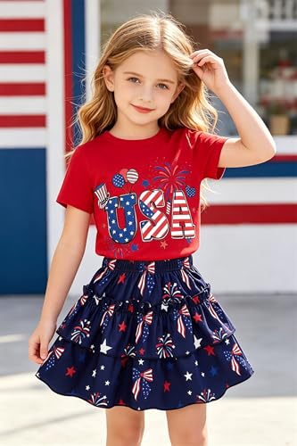 Image of Little Girls Skirt Set - 2 Piece Short Sleeve Top Shirred Tiered Skirt Outfit Girls Spring Summer Clothes 3-8 Years