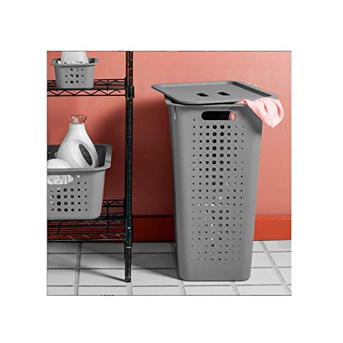 Cesto de Roupas com Tampa 47L e Porta Sabao em Po Cinza