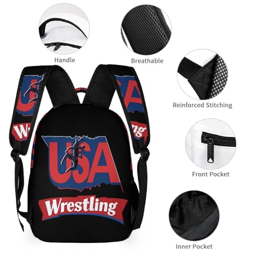 U.S.A And Wresting 3 PCS Backpack Set Casual Daypack with Insulated Lunch Bag & Pencil Case3