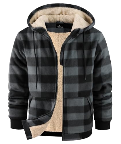 Image of Mens Plaid Hoodies Winter Zip Up Fleece Jacket Sherpa Fleece Lined Warm Flannel Jacket Coat
