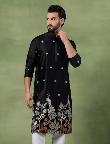 Image of SOJANYA (Since 1958 Men's Cotton Silk Flora & Fauna Embroidered Long Kurta