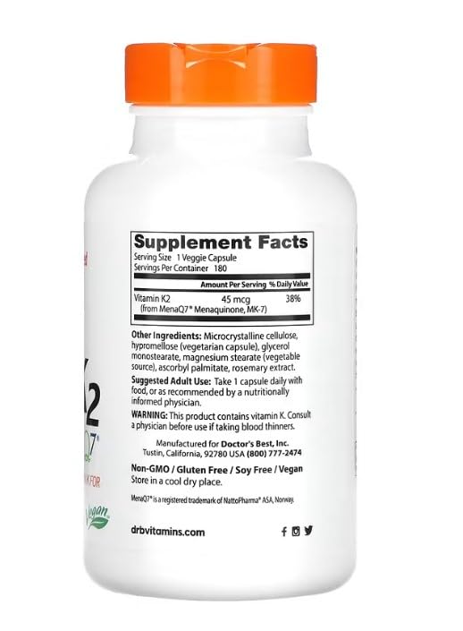 Doctor's Best - Vitamina naturale K2 MK7 con MenaQ7, 45 mcg, 180 vcaps, supporto per la salute delle ossa e del cuore