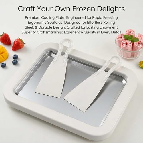 Image of Rolled Ice Cream Maker Kit, DIY Ice Cream Roll Tray with 2 Scrapers, No Electricity Required, Stainless Steel Freezing Plate for Rolled Ice Cream, Frozen Yogurt, Sorbet (White)