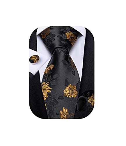 DiBanGu Black Floral Necktie for Men Silk Golden Black Floral Tie and Pocket Square Cufflinks Party Wedding