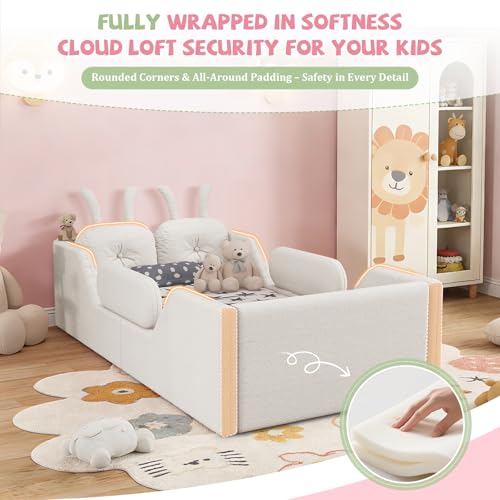 Image of Twin Size Kids Floor Bed Frame, Upholstered Montessori Platform Bed W /Removable Rails Cute Daybed Frame for Girls Boys, No Box Spring Required,Beige