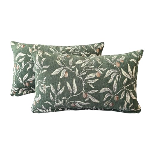 Wavedolphin Housse de Coussin 30x50,Lot de 2,Coussin Decoratif Motif Cerises en Jacquard,Vert Foncé