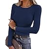 Aottori T-Shirt Femme Manches Longues Col Rond Hauts Côtelé Élégant T-Shirt Extensible Sexy Top Slim Fit Chic Pull Basic Décontracté Bleu Marine L