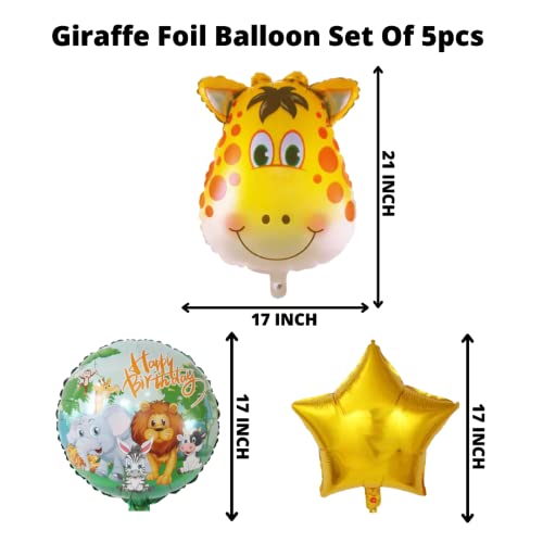 Image of Party Decorz Giraffe Happy Birthday Foil Balloon Set Of 5pcs (1pcs Giraffe Foil Balloon+ 2pcs Animal Foil Balloon +2pcs Star Foil Balloon) For Jungle /Safari /Animal /Zoo Theme Birthday Party Decoration