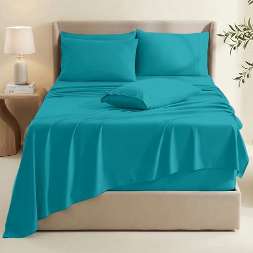 Image of Hearth & Harbor Extra Deep Pocket Sheets - Fits Mattress 18-24 Inches Deep - Extra Deep Pocket Twin XL Sheets Sets - 4 Piece Twin XL Size - Teal