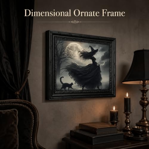 Black Framed Wall Art Halloween Gothic Witch Canvas Print Moonlit Witch with Black Cat Decor Picture Dark Academia Moody Halloween Artwork for Living Room Bedroom 9x11 inch - image 3