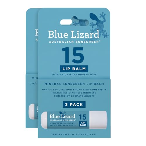 BLUE LIZARD Mineral SPF 15 Lip Balm,Broad Spectrum Sun Protection,Natural Coconut Flavor,8Natural Oils,Infused with Australian KakaduPlum,Rich in Vitamin C,Vegan, EachTube 0.13 oz. 3 Count (Pack of 2)