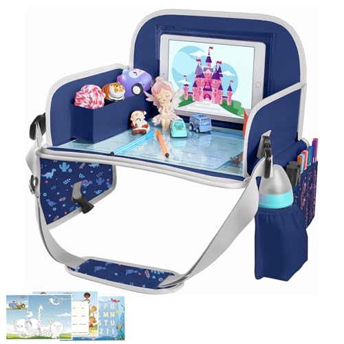 Image of MENZOKE Kids Travel Tray for Toddler Car Seat, Road Trip Essential Lap Tray | Toddler Gift for Boy Activities with Dry Erase Board, iPad Holder Stand, Cooler Cup Holder & Adjustable Strap, Dark Blue